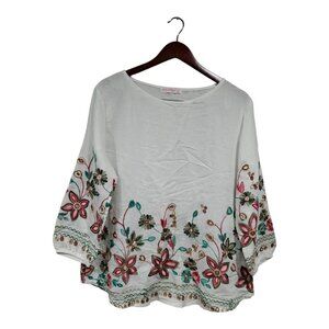 Ana Rose Women's Embroidered Paisley Floral 3/4 Sleeve Pullover Light Top Sz L